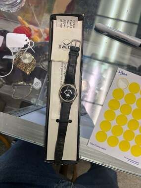 1980’s Vintage Camel Onyx Sweda Black Face Promotional Watch Leather Band